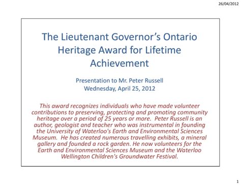 Presentation of Lieutenant Governor's Ontario Heritage Award for