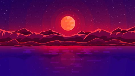 red moon with mountain wallpaper, body of water during night ...