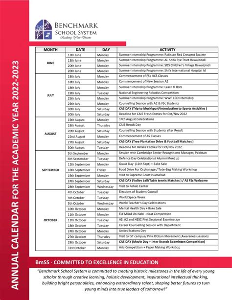 ACTIVITY CALENDAR – Benchmark School System