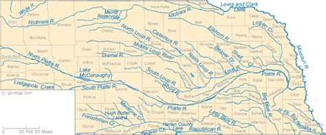 Map of Nebraska Lakes, Streams and Rivers