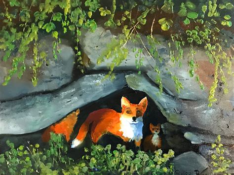 Fox painting, fox den, animal painting, orange painting, forest ...