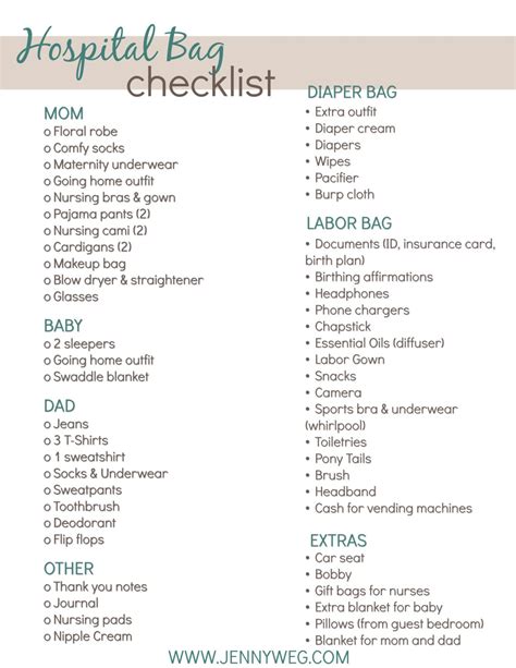 Hospital Bag Checklist - Jenny Weg