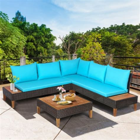 4PCS Acacia Wood Patio Furniture Set Rattan Conversation Set w/ Turquoise Cushions, 1 unit ...