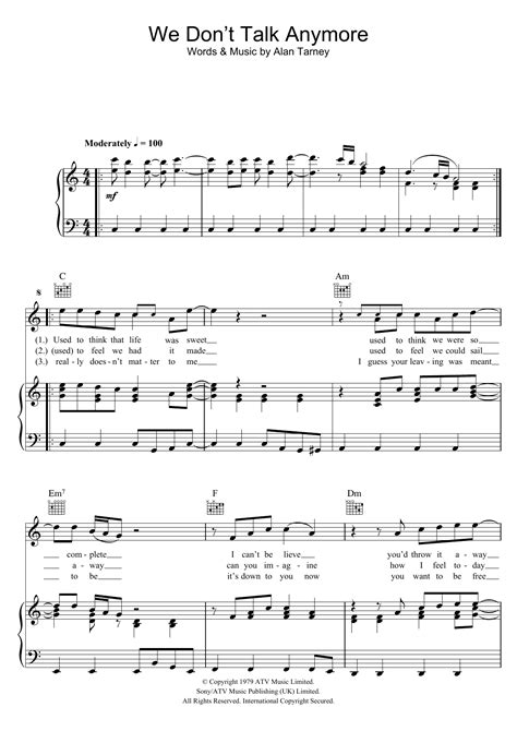 We Don't Talk Anymore by Cliff Richard Sheet Music for Piano, Vocal & Guitar Chords at Sheet ...