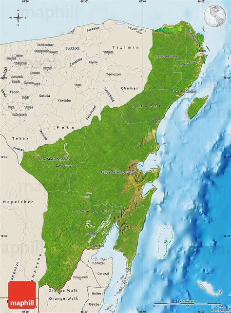 Satellite Map of Quintana Roo, shaded relief outside