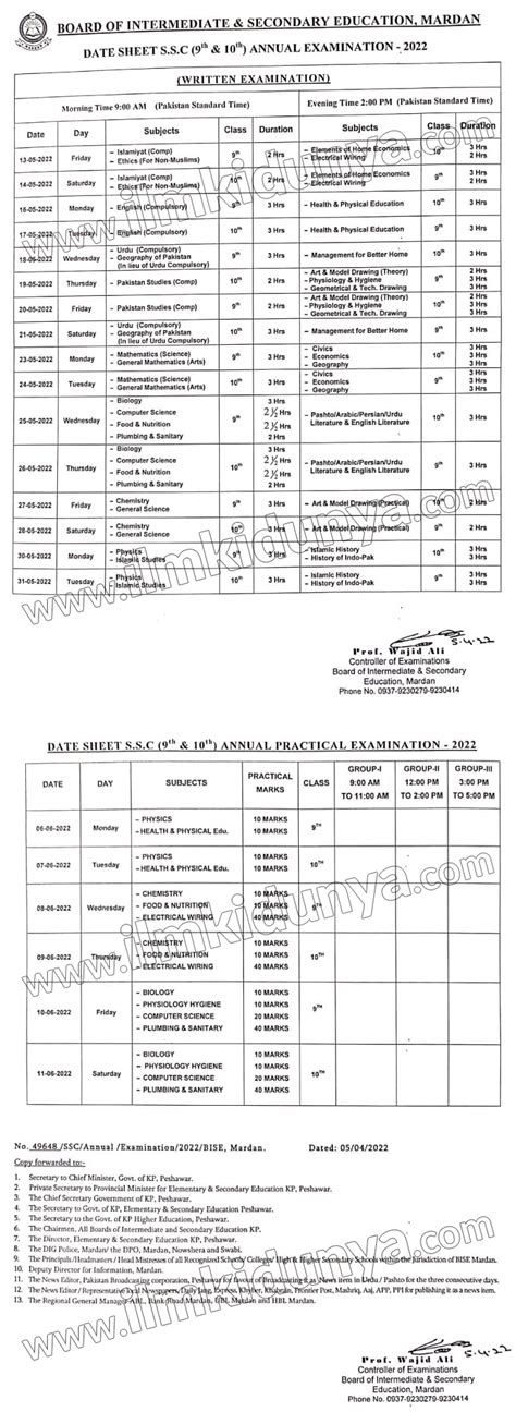 BISE Mardan Board Matric Part 1 Date Sheet 2022