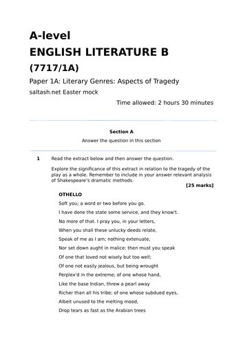 AQA A Level Literature Paper 1A: Tragedy Mock Paper | Teaching Resources