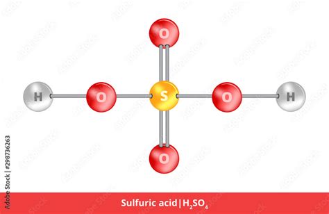 Vector ball-and-stick model of mineral acid. Icon of sulfuric acid H2SO4 structure consisting of ...