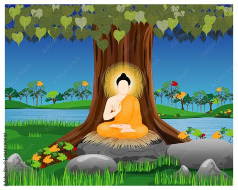 The Buddha meditation under Bodhi tree vector design Stock Vector ...