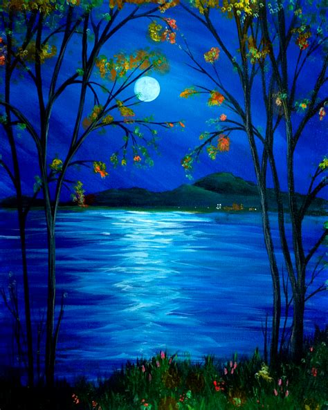 Moonlit Mountain Lake (Fall) | Easy landscape paintings, Nature ...