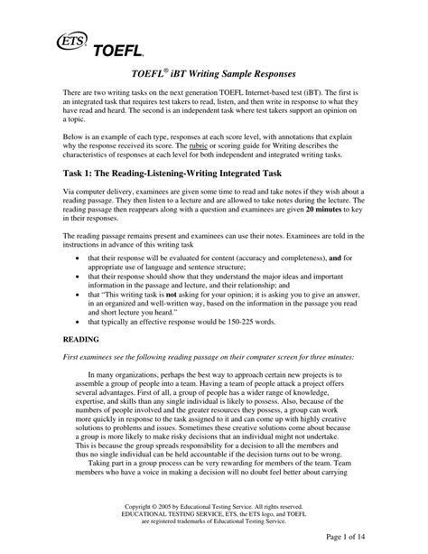 Toefl Ibt Writing Sample Responses - Educational Testing Service Download Printable PDF ...