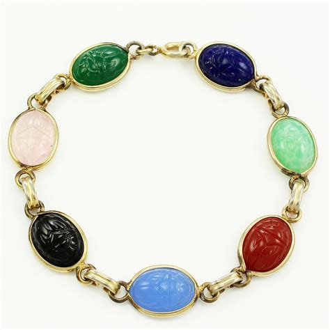 Multi Color Scarab Bracelet - Egyptian Revival Gold Tone Glass Bracelet - Vintage Costume Jewelry