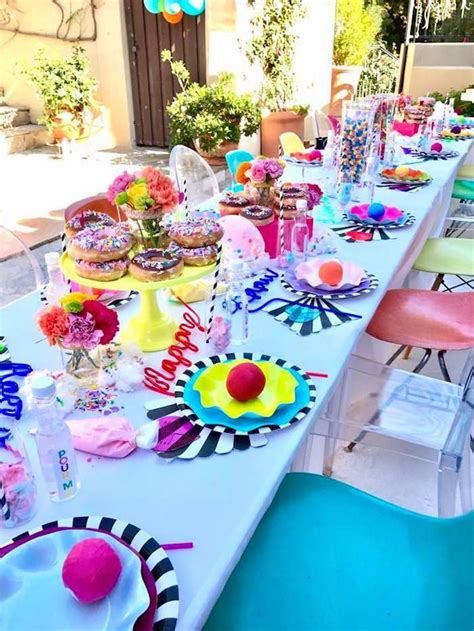 Guest table from a Colorful Modern 10th Birthday Party on Kara's Party Ideas | KarasPartyIdeas ...