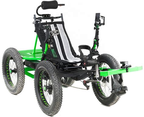 an electric tricycle is shown with green wheels and black seat, on a ...