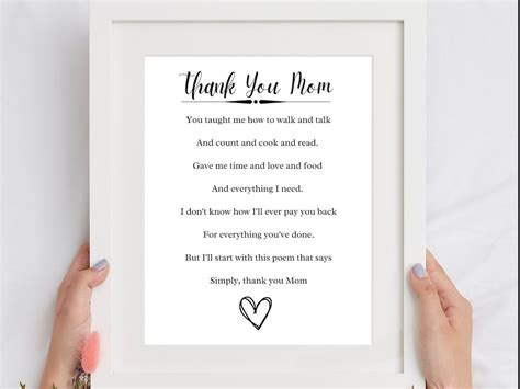 Thank You Mom Poem Printable Handmade DIY Thankyou Unique Gift for Mom ...