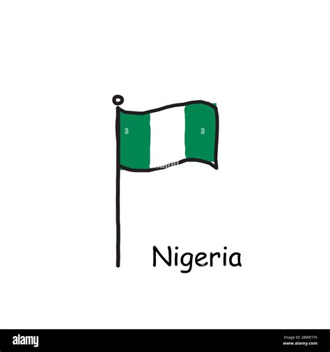 hand drawn sketchy Nigeria flag on the flag pole. three color flag ...