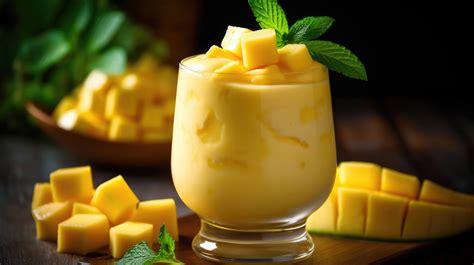 Tropical Mango Smoothie with mango chunks and a coconut garnish