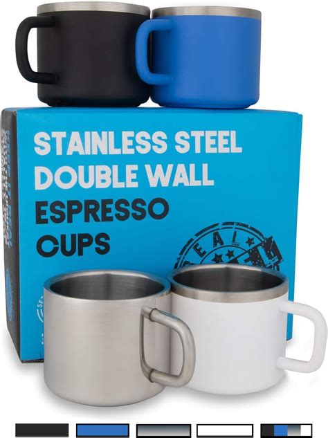 Amazon.com | Stainless Steel Espresso Cups: Set of 4 Double Wall Insulated 3 oz Small Metal Cups ...