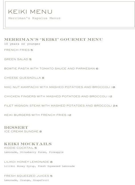 Menu at Merriman's Kapalua pub & bar, Kapalua