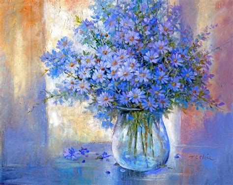 Blue Flowers Art Print of Oil Painting Flower, Nature, Peaceful Gift ...