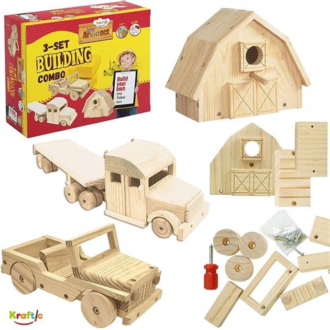 Kraftic Woodworking Building Kit for Kids and Adults, with 3 Educational DIY Carpentry ...