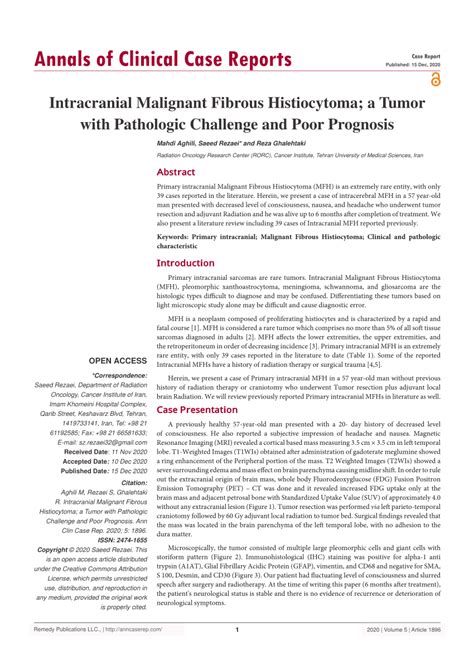 (PDF) Intracranial Malignant Fibrous Histiocytoma; a Tumor with Pathologic Challenge and Poor ...