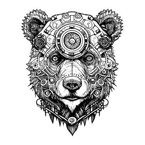 steampunk bear drawing depicts a mechanical bear with gears, pipes and rivets. Its intense gaze ...