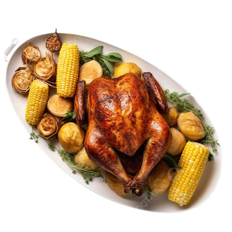 Top View Of Dishes For Thanksgiving With Roasted Chicken And Corn, Food ...