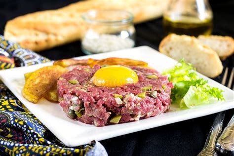 Raw Beef Steak Tartare with French Fries Stock Image - Image of salt ...