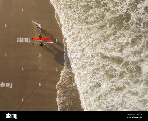 Aerial view of surfers at the beach Stock Photo - Alamy