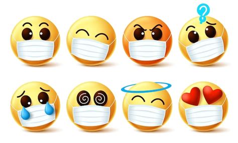 Premium Vector | Emoji with covid19 face mask vector set emoji with facial expressions wearing ...