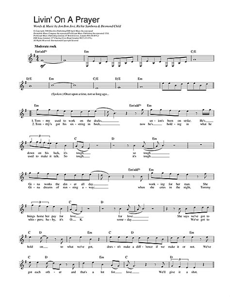 Bon Jovi "Livin' On A Prayer" Sheet Music Notes | Download Printable ...