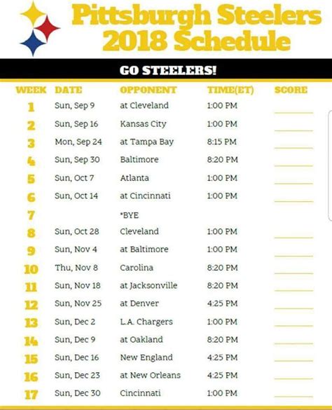 Pittsburgh Steelers Printable Schedule 2023-24