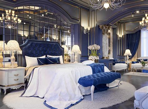 Stunning Navy Blue Luxury bedroom decor with blue velvet tufted bed, blue bedroom, cobalt blue b ...