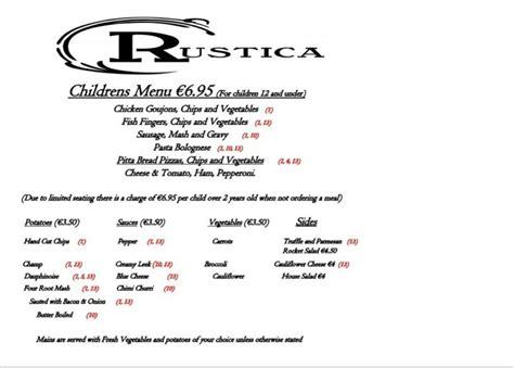 Menu at Rustica restaurant, Los Dolses