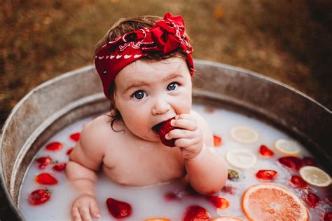 Baby girl 6 month photography fruit bath milk bath session 6 Month Photography, Milk Bath ...