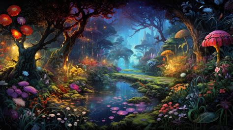 A fantasy garden scene, mythical creatures spray-painted in bold colors ...