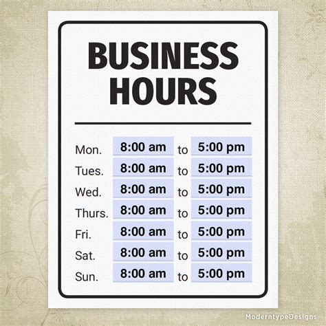 Business Hours Printable Sign (editable) | Moderntype Designs