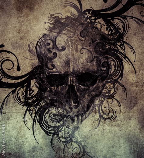 Sketch of tattoo art, skull with tribal flourishes Stock Illustration ...