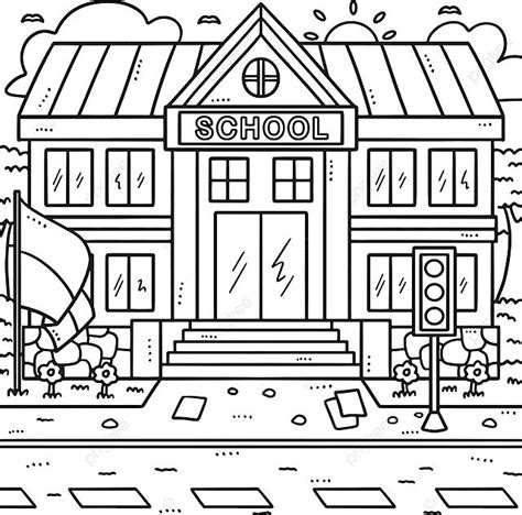 End Of Academic Year School Building Coloring Page For Children Vector ...