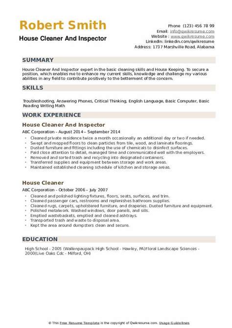 House Cleaner Resume Samples | QwikResume