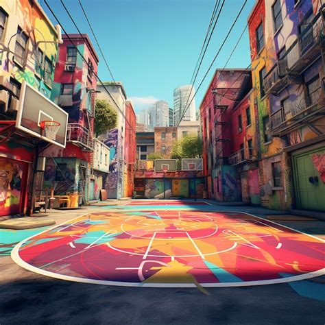 Premium Photo | Brightly colored basketball court in a city street with graffiti generative ai