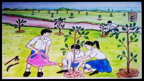 How to draw a scenery of tree plantation | VJB Drawing Place - YouTube