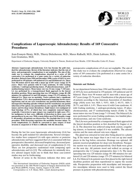 (PDF) Complications of Laparoscopic Adrenalectomy: Results of 169 Consecutive Procedures