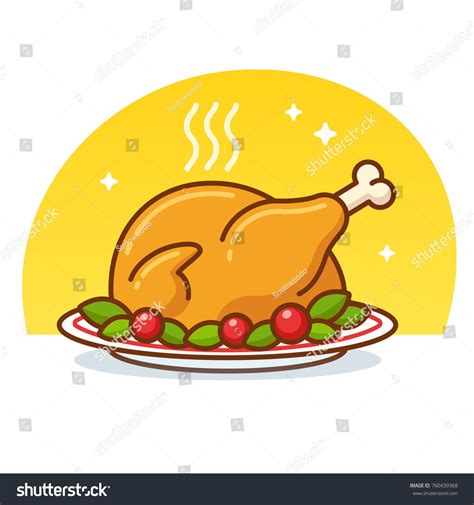 Thanksgiving turkey or roast chicken clip art illustration in flat cartoon vector style. Roasted ...