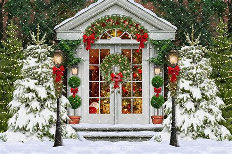 Christmas Door Backdrop. Christmas Scene Photo Backdrops with Snow