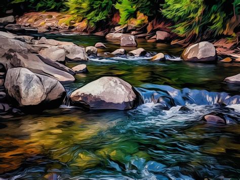 Premium AI Image | A painting of a river with rocks and trees.