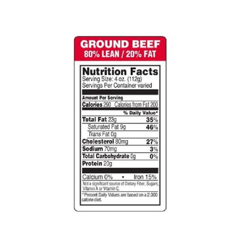 GROUND BEEF Nutrition Facts Label 80 LEAN / 20 Fat, 1.5 X 3 Rectangle ...