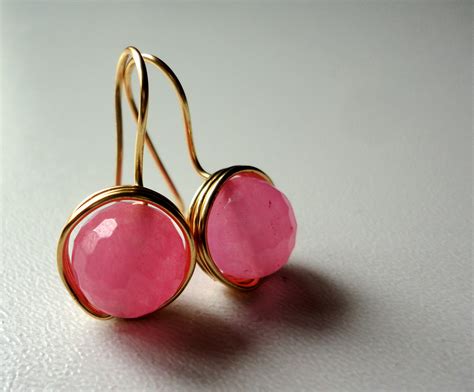 Natural Pink Jade Gemstone Golden Wire Wrapped Earrings on Luulla