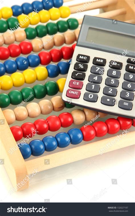 Bright Wooden Toy Abacus And Calculator, Isolated On White Stock Photo ...